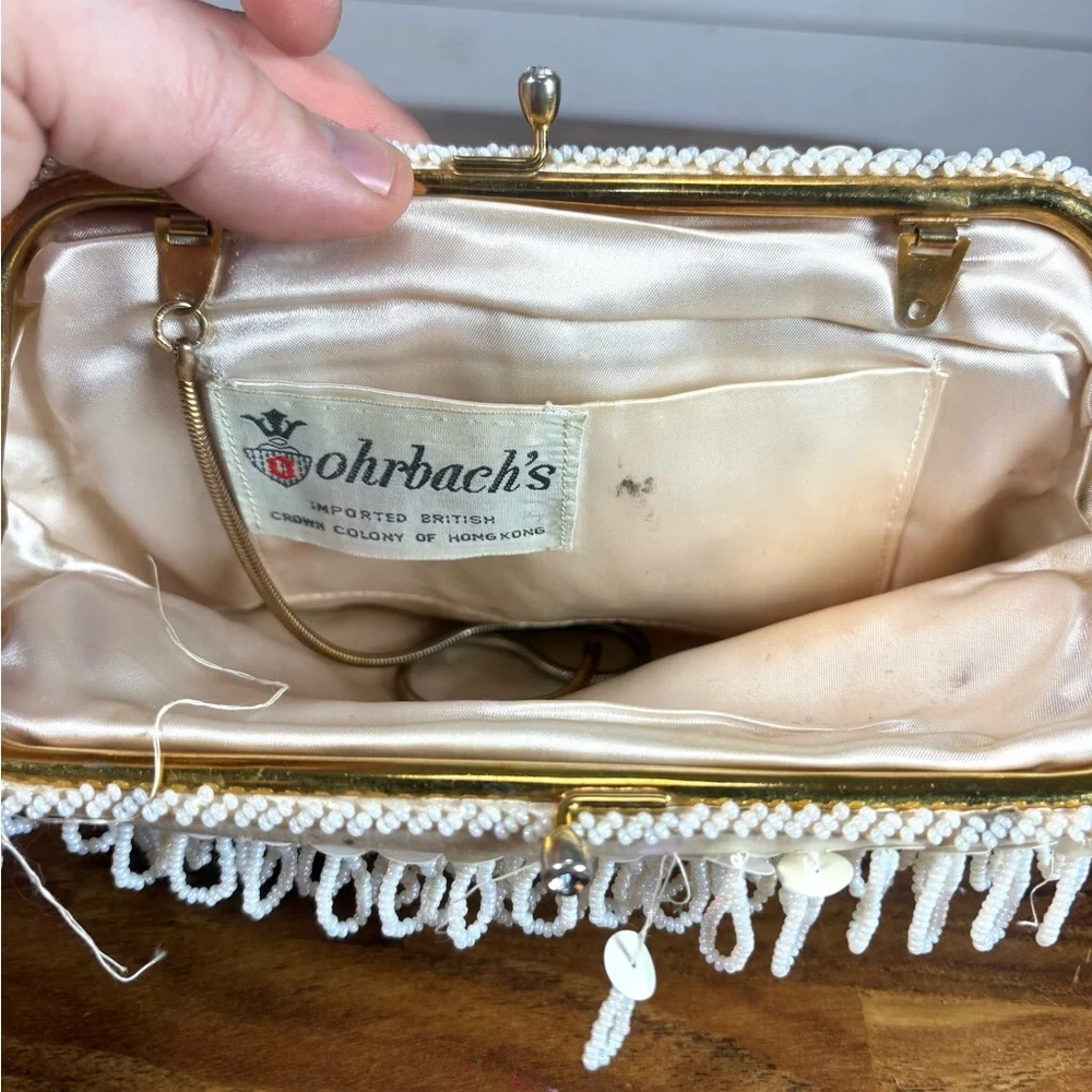 Vintage Ohrbach’s Beaded Evening Clutch Hong Kong White Looped Beads